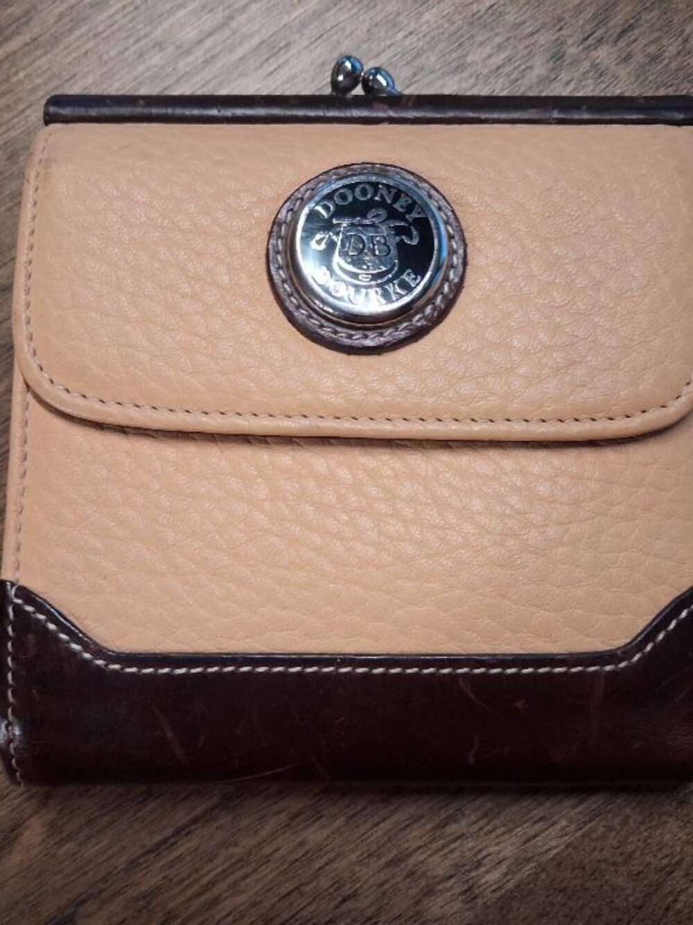 Dooney & Bourke brown/tan leather wallet w/coin pocket, ID window, card slots